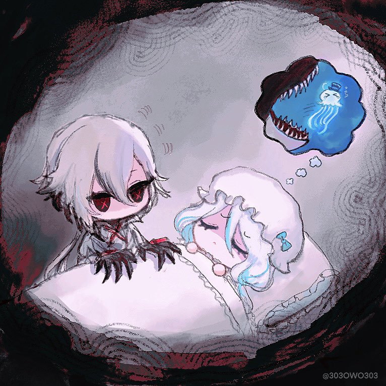 2girls, 303owo303, arlecchino_(genshin_impact), blanket, blue_hair, claws, coat, dreaming, furina_(genshin_impact), genshin_impact, hat, jellyfish, long_sleeves, mob_cap, multicolored_hair, multiple_girls, nightmare, pillow, red_eyes, short_hair, sleeping, speech_bubble, streaked_hair, thought_bubble, under_covers, white_coat, white_hair, white_headwear