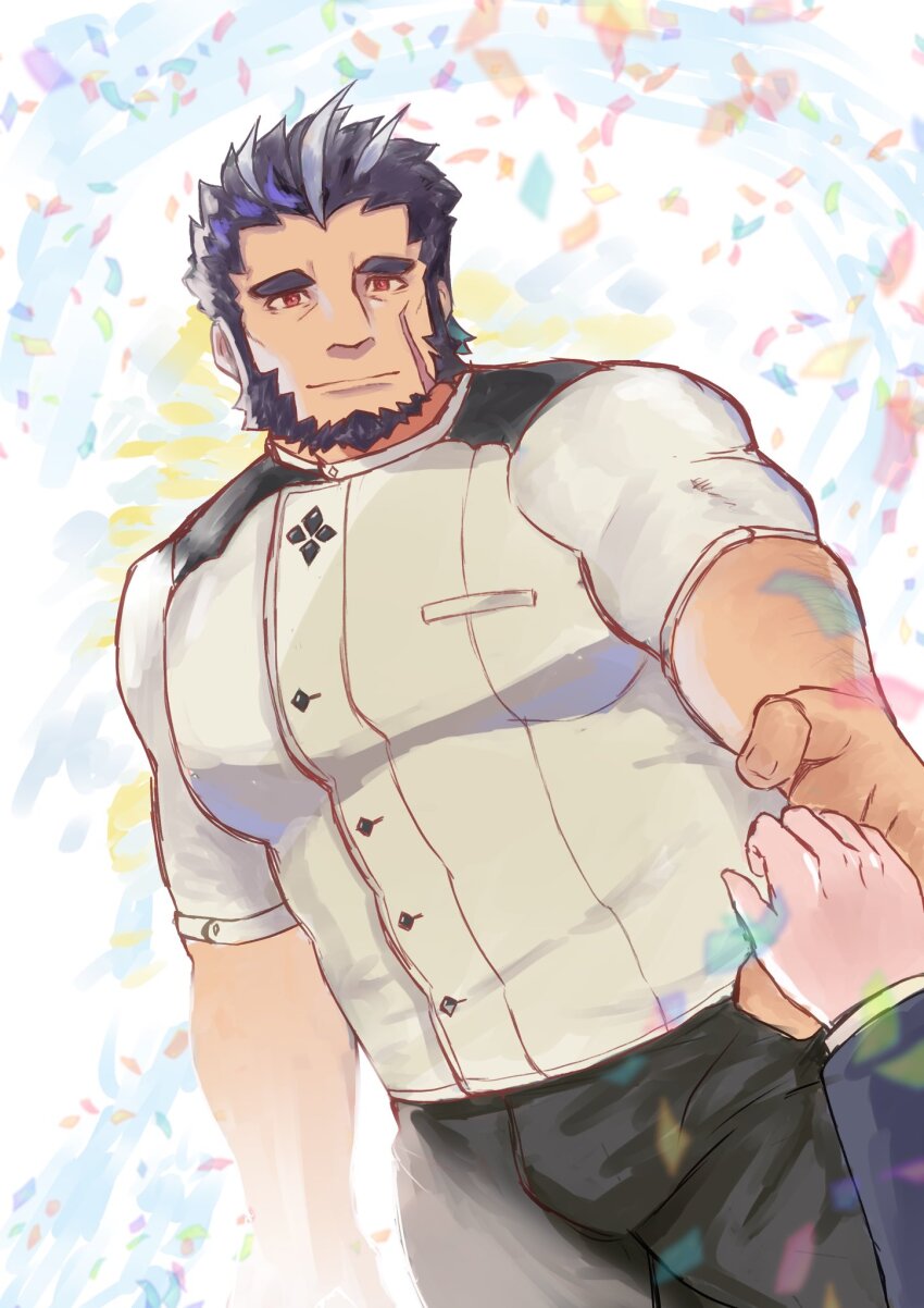2boys, antenna_hair, arm_hair, bara, beard, beckoning, confetti, dutch_angle