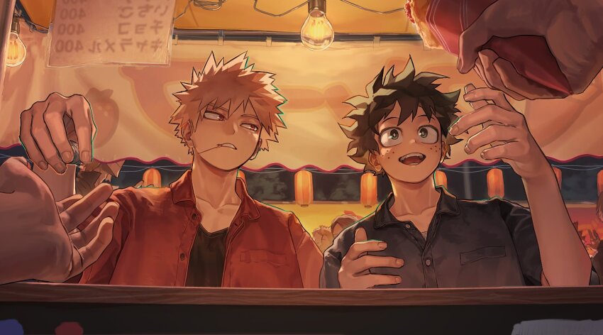 2boys, bakugou_katsuki, black_shirt, blonde_hair, boku_no_hero_academia, coin, collared_shirt, cut_(nifuhami_35)