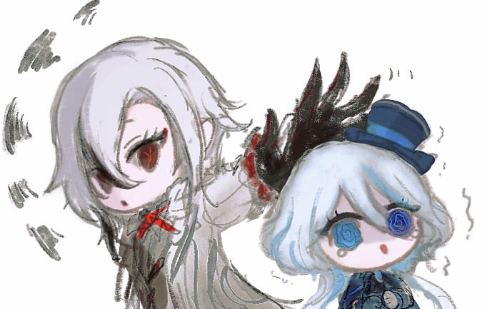 2girls, 303owo303, arlecchino_(genshin_impact), ascot, black_ascot, black_gloves, blue_coat, blue_eyes