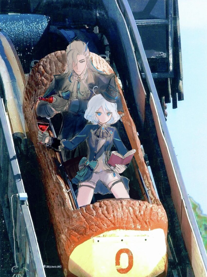 1boy, 1girl, 303owo303, ascot, black_ascot, blue_coat, book, bottle, coat, cup, drinking_glass, furina_(genshin_impact), genshin_impact, gloves, highres, holding, holding_book, holding_bottle, holding_cup, long_hair, neuvillette_(genshin_impact), photo_background, pouring, reading, short_hair, shorts, splash_mountain, very_long_hair, white_gloves, white_hair, white_shorts, wine_bottle, wine_glass