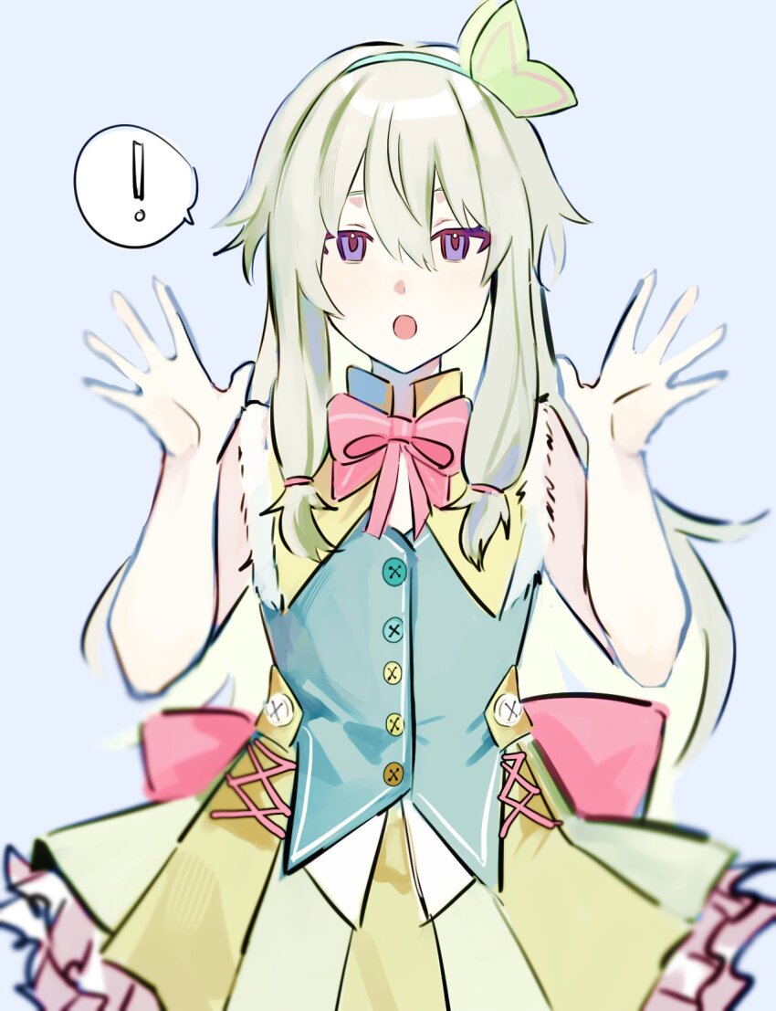 1girl, back_bow, bow, bowtie, butterfly_hair_ornament, dress, green_hair, green_vest