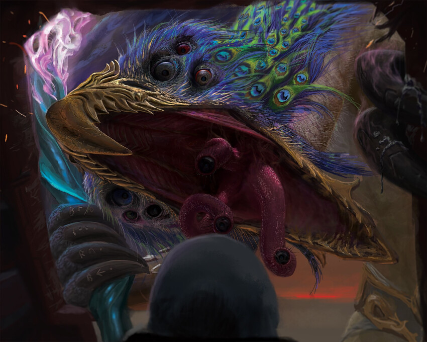 alex_cristi, armor, barbed_tongue, beak, bird_monster, black_eyes, blue_eyes, blue_feathers, brown_eyes, chaos_(warhammer), claws, colored_sclera, damaged, demon, extra_eyes, eyes_on_tentacles, eyes_on_tounge, feathers, glowing, glowing_weapon, gold_armor, greater_demon_(warhammer), grey_eyes, grip, highres, holding, holding_weapon, horror_(theme), looking_at_another, lord_of_change, monster, multiple_tongues, open_mouth, peacock_feathers, polearm, realistic, red_eyes, red_sclera, runes, spear, stalk_eyes, tendril, too_many_eyes, tzeentch, warhammer_40k, weapon