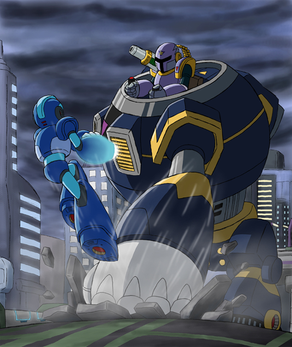 2boys, arm_cannon, bad_id, bad_pixiv_id, battle, capcom, city, cloud, cloudy_sky, debris, jumping, male_focus, mecha, mega_man_(series), x_(mega_man), mega_man_x_(series), miyako_(f1), miyako_f1, multiple_boys, punching, robot, sky, vile_(mega_man), weapon