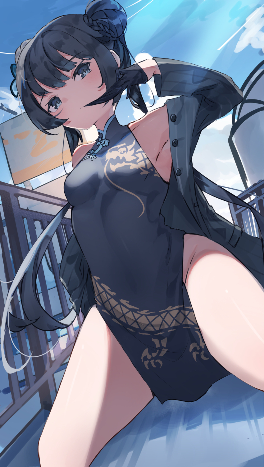 1girl, arms_behind_back, black_dress, black_eyes, black_hair, blue_archive, butterfly_hair_ornament, china_dress