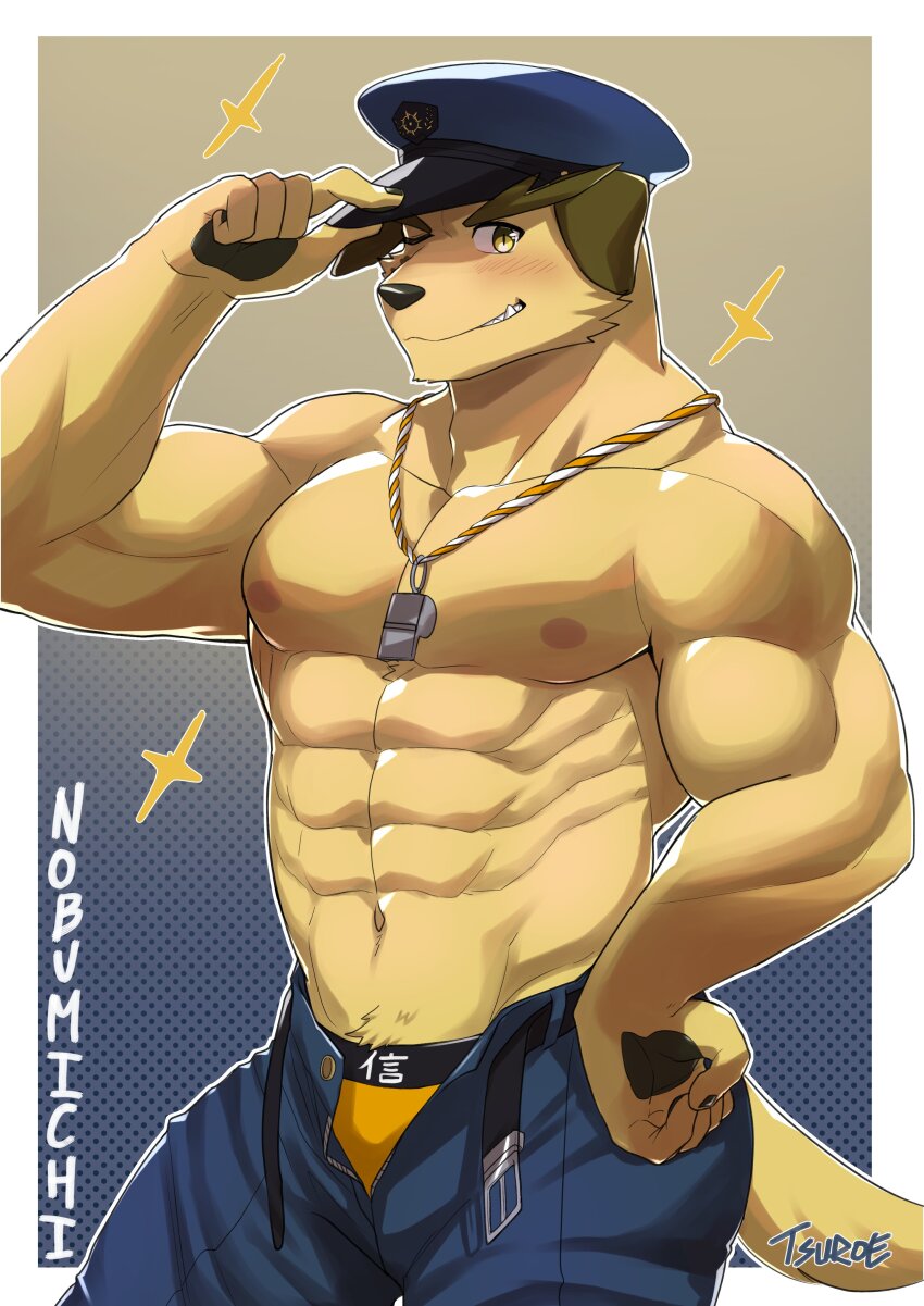 1boy, abs, absurdres, animal_ears, artist_name, bara, belt, blush