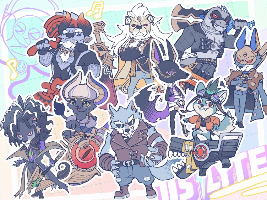 absurdres, alolin_(pazuzu)_(dislyte), animal_ears, axe, bare_pectorals, boomboom, brewster_(garmr)_(dislyte), cane