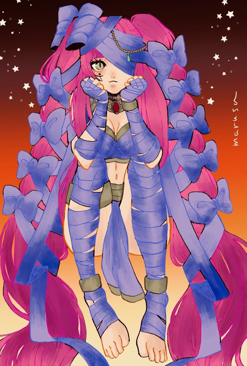 1girl, arc_the_lad, arc_the_lad_i, bandage_over_one_eye, bow, breasts, closed_mouth, facial_mark