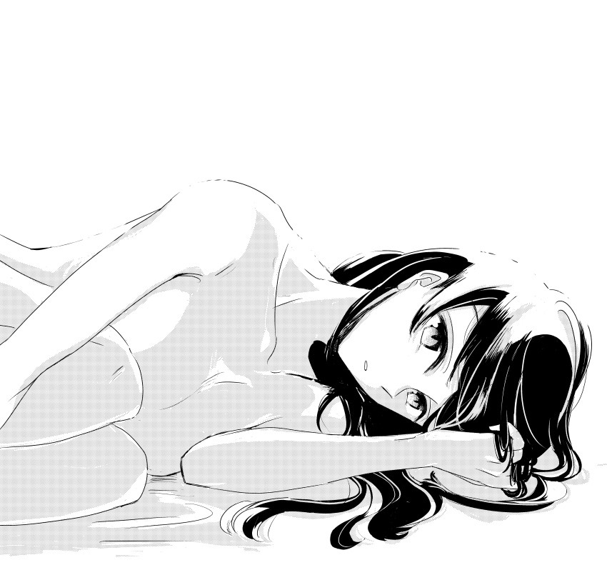1girl, absurdres, completely_nude, greyscale, hair_spread_out, highres, legs_folded, long_hair