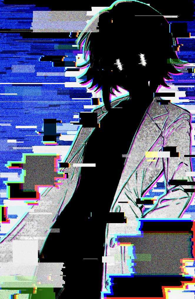 1other, androgynous, book_of_the_cafe, buttons, chromatic_aberration, commentary_request, cowboy_shot, film_grain