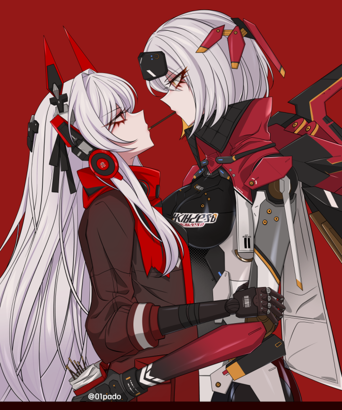 01pado_pado, 2girls, alpha_(pgr), artist_name, black_shirt, breasts, cyborg, eye_contact