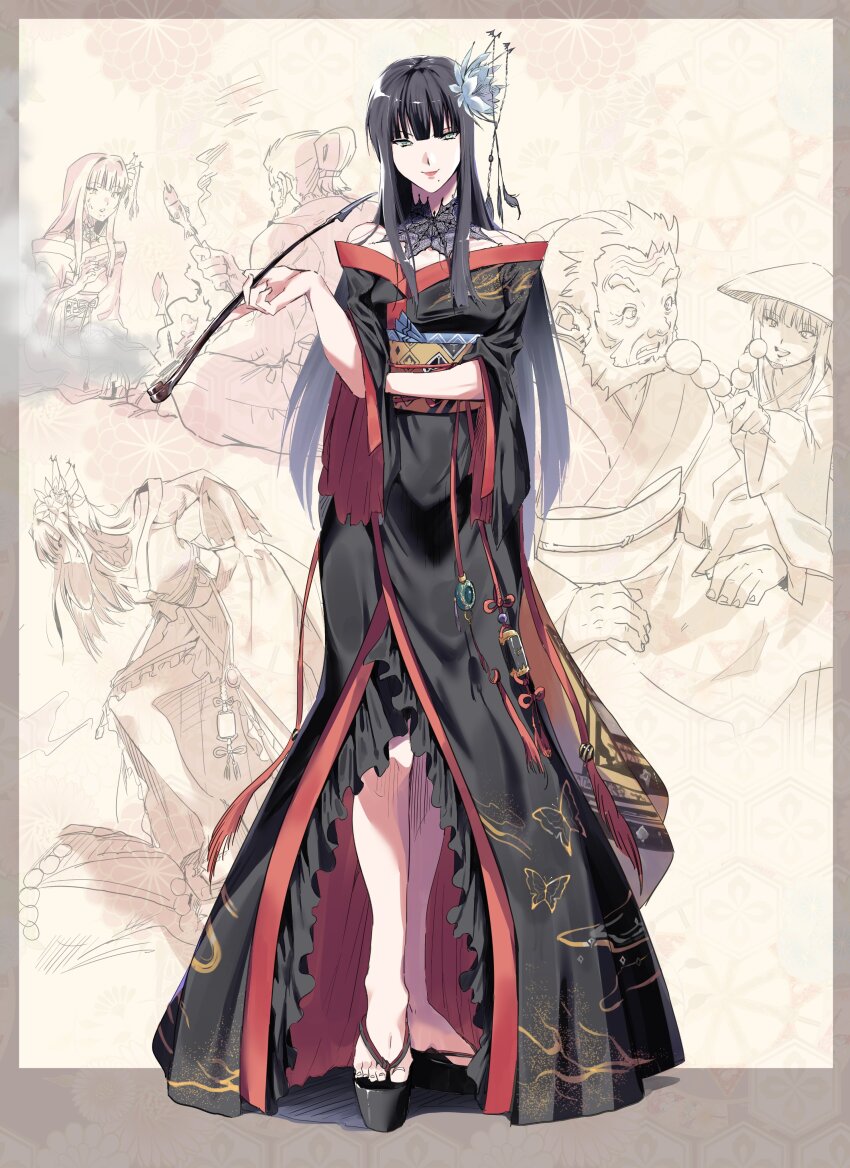 1girl, absurdres, animal_print, arm_across_waist, bare_shoulders, bat_hair_ornament, black_collar, black_hair, black_kimono, blunt_bangs, border, brown_background, brown_border, butterfly_print, collar, epiphyllum, final_fantasy, final_fantasy_xiv, flower, full_body, gosetsu_daito, green_eyes, hair_flower, hair_ornament, hair_stick, highres, holding, holding_smoking_pipe, hyur, inrou, japanese_clothes, kimono, kiseru, lace_collar, long_hair, looking_at_viewer, midnamana, mole, mole_under_mouth, multiple_views, obi, obiage, obijime, off_shoulder, okobo, platform_footwear, platform_sandals, red_trim, sandals, sash, sidelocks, smile, smoking_pipe, standing, straight-on, straight_hair, toeless_footwear, two-sided_fabric, yotsuyu_goe_brutus