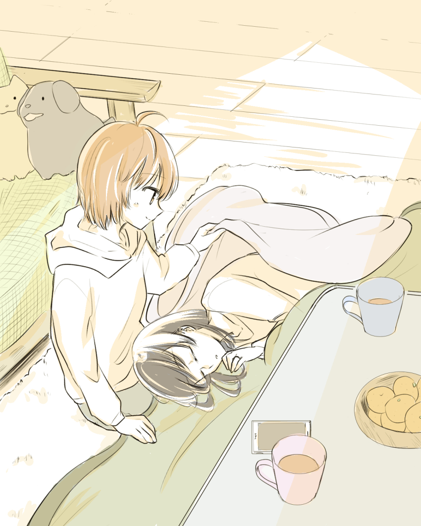 2girls, ahoge, blanket, cellphone, cup, fruit_bowl, highres, hood