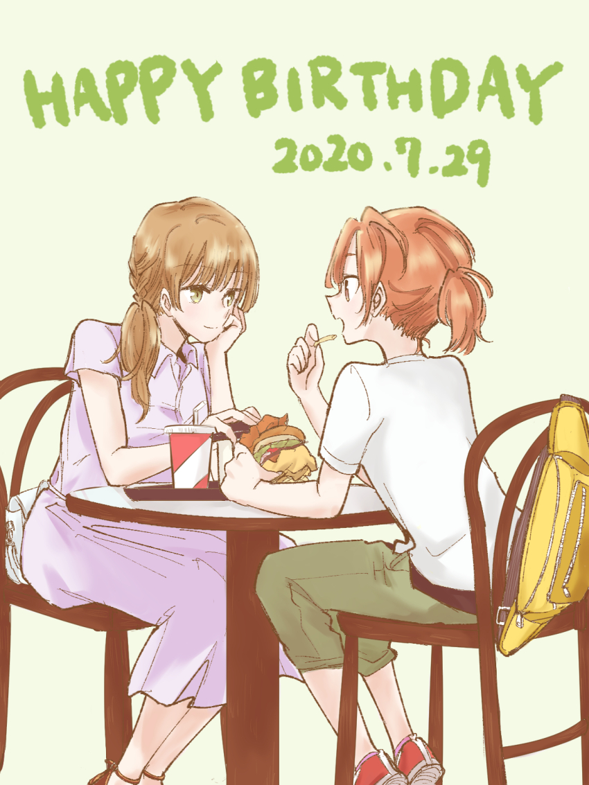 2girls, bag, brown_eyes, brown_footwear, brown_hair, burger, dating, dress