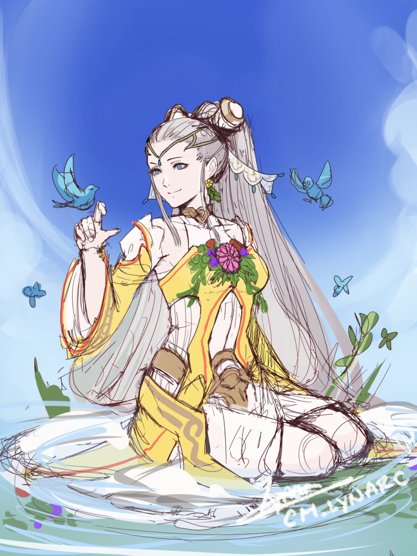 1girl, bare_shoulders, bird, blue_background, blue_bird, blue_eyes, dress, earrings