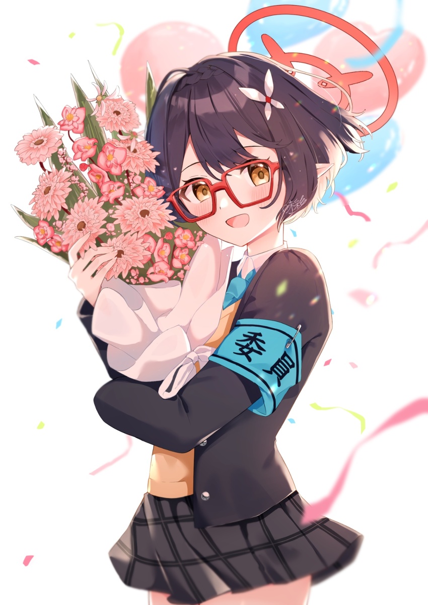 1girl, armband, ayane_(blue_archive), azisai, black_hair, blazer, blue_archive, blue_necktie