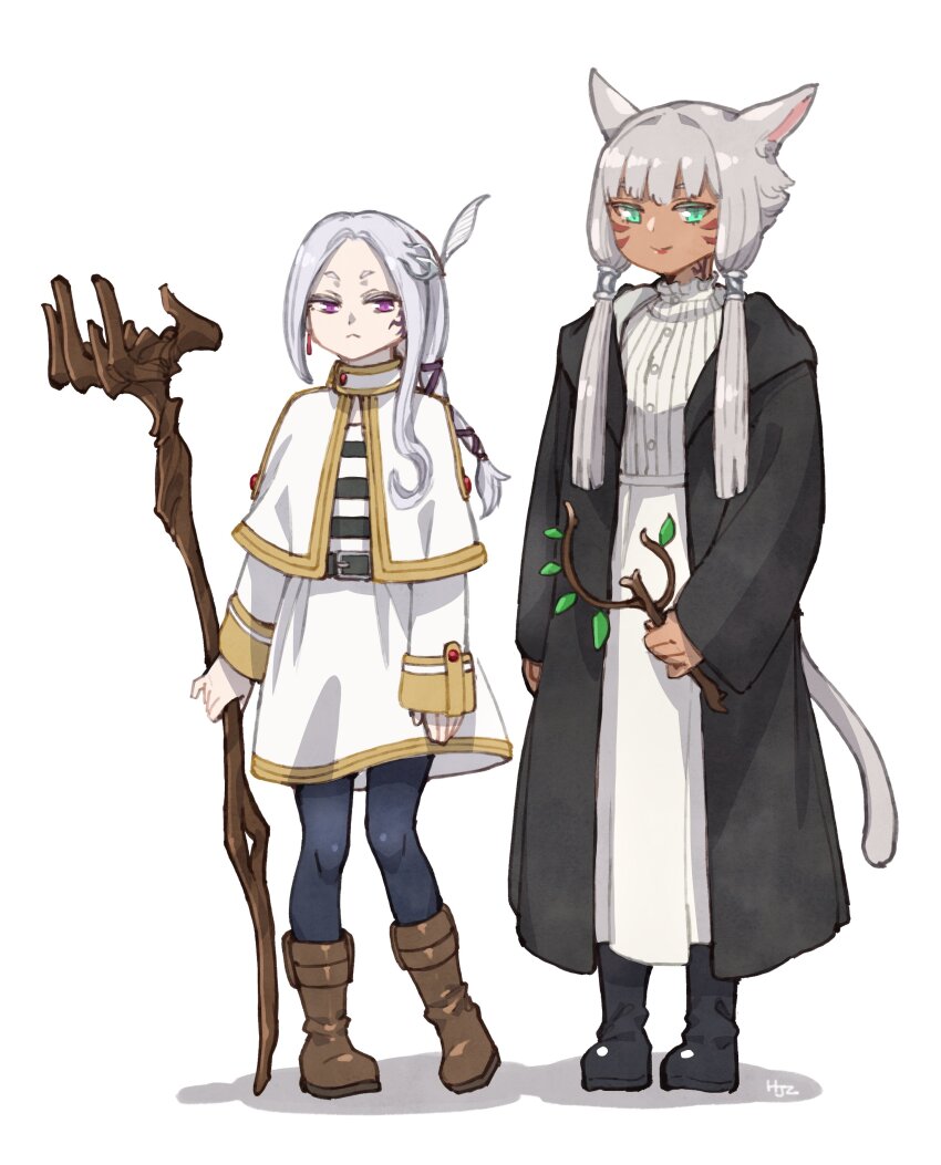 2girls, absurdres, aged_down, aged_up, animal_ears, arms_at_sides, boots, capelet