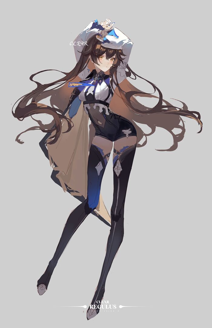 1girl, amber_(genshin_impact), arms_up, black_boots, black_jumpsuit, blue_necktie, boots, brown_eyes