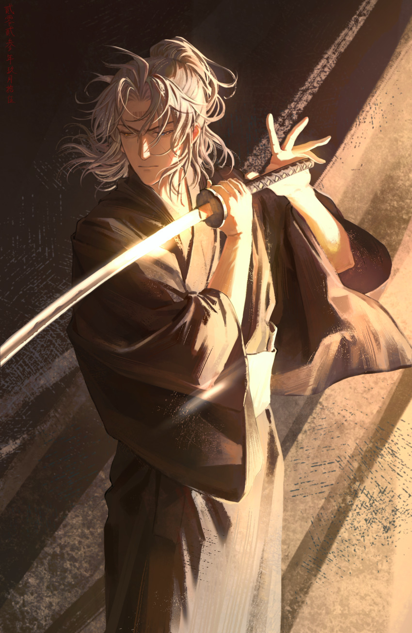 1boy, absurdres, alternate_costume, barcode, barcode_tattoo, black_kimono, blue_eyes, chinese_commentary, commentary, cowboy_shot, dated, facial_scar, forehead_tattoo, grey_hair, heterochromia, highres, holding, holding_sword, holding_weapon, japanese_clothes, katana, kimono, lishijiu, looking_down, male_focus, medium_hair, obi, orange_eyes, punishing:_gray_raven, samurai, sash, scar, scar_on_cheek, scar_on_face, solo, sword, tattoo, upswept_hair, watanabe_(pgr), weapon