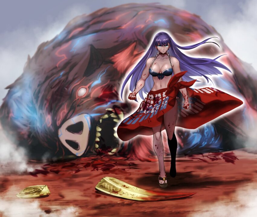 1girl, animal, aoba_(smartbeat), bare_shoulders, bikini, black_bikini, blood, blood_on_hands, blue_eyes, boar, breasts, broken_tusk, choker, cleavage, collarbone, cross, cross_choker, fate/grand_order, fate_(series), full_body, large_breasts, long_hair, looking_at_viewer, martha_(fate), martha_(swimsuit_ruler)_(fate), martha_(swimsuit_ruler)_(first_ascension)_(fate), navel, oversized_animal, purple_hair, sandals, sarong, swimsuit