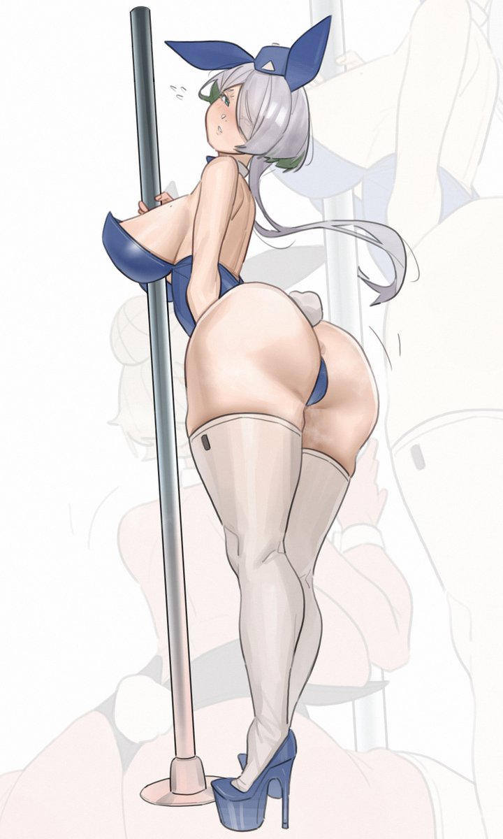 2girls, animal_ears, ass, back, black_leotard, blonde_hair, blue_eyes, blue_headwear, blue_leotard, blush, breasts, brid_(nikke), closed_mouth, commission, dark-skinned_female, dark_skin, fake_animal_ears, fake_tail, from_behind, garrison_cap, goddess_of_victory:_nikke, green_hair, hair_over_eyes, hat, heart, high_heels, highres, huge_ass, large_breasts, leotard, long_hair, looking_at_viewer, looking_back, low-tied_long_hair, mole, mole_on_breast, multicolored_hair, multiple_girls, original, playboy_bunny, pole, rabbit_ears, rabbit_tail, short_hair, sideboob, smile, strapless, strapless_leotard, tail, thighhighs, third-party_source, tinka_(unluckytobii), tttinkaaaaa, twitter_username, two-tone_hair, unluckytobii, white_hair, white_thighhighs, zoom_layer