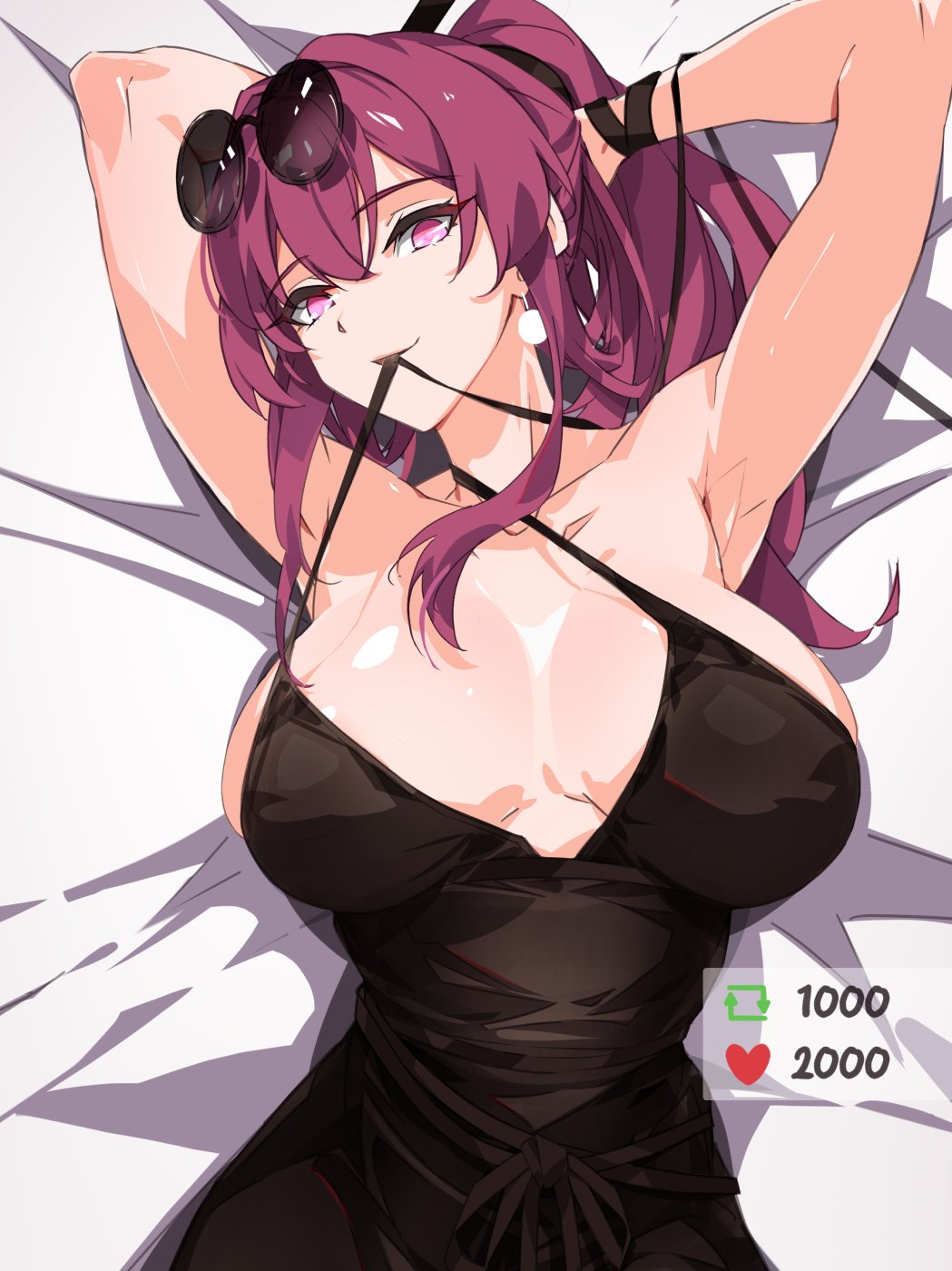 1girl, alternate_costume, armpits, arms_behind_head, bed_sheet, black_dress, breasts, dress