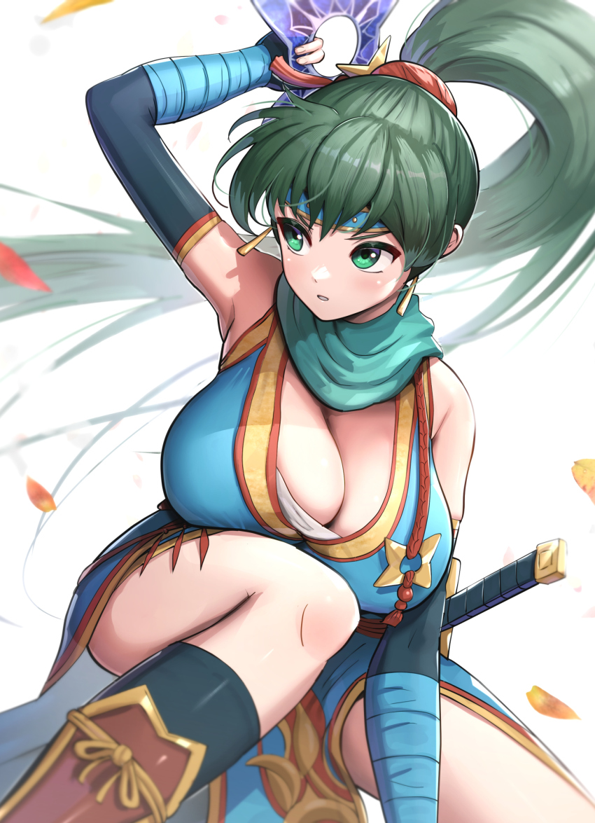 1girl, armpits, bare_shoulders, breasts, cleavage, detached_sleeves, earrings, fighting_stance