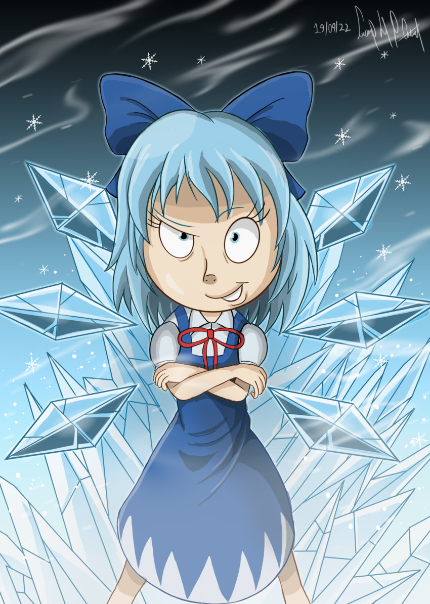 1girl, blue_eyes, blue_hair, cirno, embodiment_of_scarlet_devil, fairy, frozen, highres