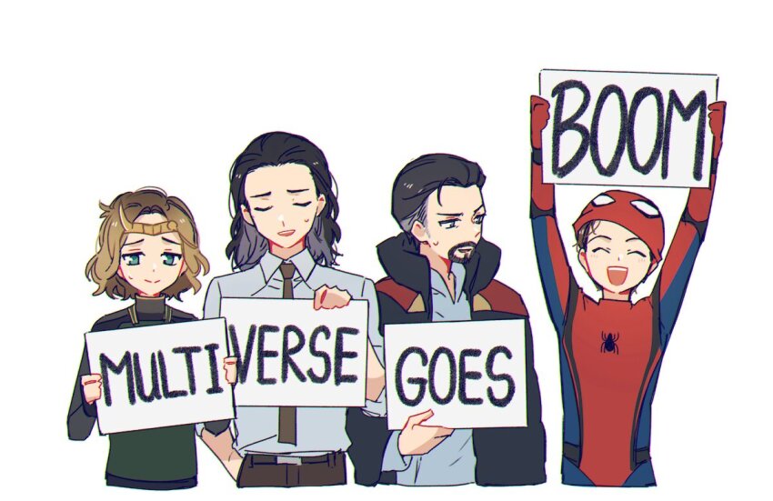 1girl, 3boys, animal_print, arms_up, belt, black_cloak, black_hair, black_shirt