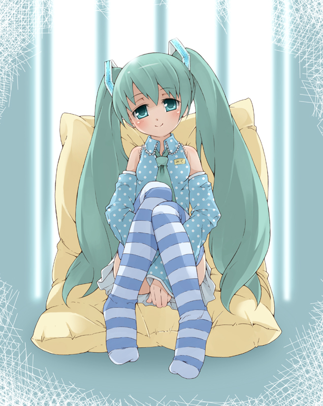 bad_id, bad_pixiv_id, detached_sleeves, green_eyes, green_hair, hatsune_miku, hugging_own_legs, long_hair