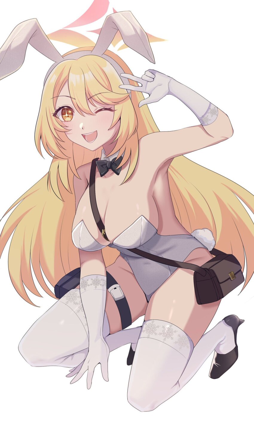 1girl, ;d, alternate_costume, animal_ears, arm_up, bag, bare_shoulders, between_breasts, black_bow, black_bowtie, black_footwear, blonde_hair, blue_archive, bow, bowtie, breasts, cleavage, covered_navel, detached_collar, elbow_gloves, fake_animal_ears, fake_tail, full_body, gloves, halo, handbag, high_heels, highleg, highleg_leotard, highres, holster, kamikawa_celery, kneeling, large_breasts, leotard, long_hair, looking_at_viewer, one_eye_closed, open_mouth, pink_halo, playboy_bunny, rabbit_ears, rabbit_tail, shokuhou_misaki, smile, solo, sparkling_eyes, spider_web_print, star_(symbol), star_halo, strap_between_breasts, strapless, strapless_leotard, tail, thigh_holster, thighhighs, toaru_kagaku_no_railgun, toaru_majutsu_no_index, traditional_bowtie, w, white_background, white_gloves, white_leotard, white_thighhighs, yellow_eyes