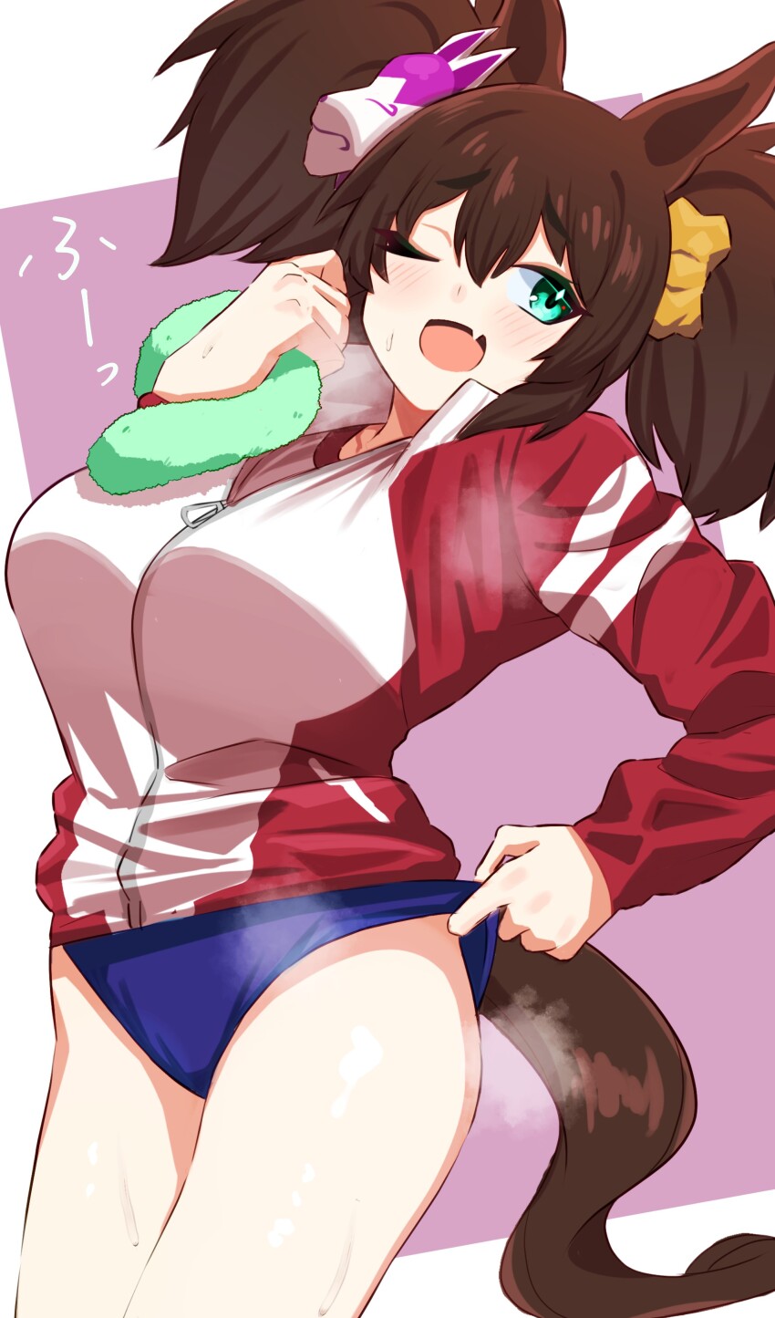 1girl, absurdres, animal_ears, aqua_eyes, blue_buruma, blush, breasts, brown_hair