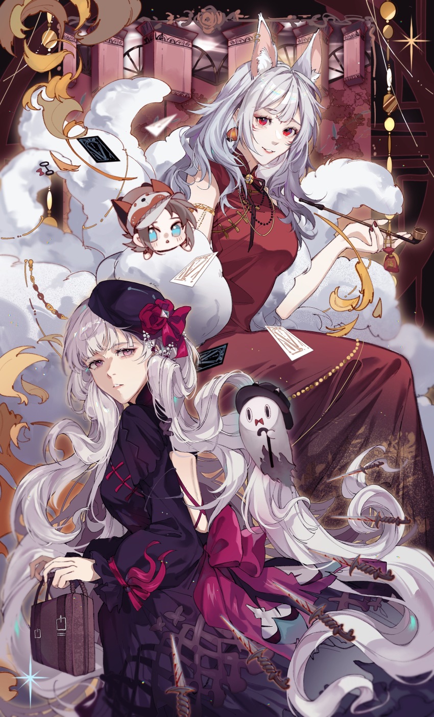 2girls, absurdres, animal_ear_fluff, animal_ears, armlet, back_cutout, bag, blood, bloody_weapon, blunt_bangs, bow, cane, card, chibi, chibi_inset, china_dress, chinese_clothes, clothing_cutout, cowboy_shot, curly_hair, dagger, dress, dress_bow, ear_piercing, earrings, facial_mark, floating, floating_object, floating_weapon, fox_ears, fox_tail, frilled_dress, frilled_sleeves, frills, from_side, ghost, hat, hat_bow, highres, holding, holding_bag, holding_smoking_pipe, icy_suluoluo, jewelry, kiseru, knife, lantern, lantern_earrings, long_hair, long_sleeves, looking_at_viewer, medium_hair, multiple_girls, multiple_tails, mysta_rias, nail_polish, nijisanji, nijisanji_en, nina_kosaka, paper_lantern, parted_lips, piercing, pink_eyes, puffy_long_sleeves, puffy_sleeves, purple_dress, purple_headwear, red_dress, red_eyes, red_nails, reimu_endou, smile, smoking_pipe, sparkle, tail, tail_ornament, virtual_youtuber, wavy_hair, weapon, white_hair