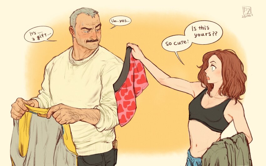 1boy, 1girl, aaron_gruber_(o_natsuo88), age_difference, arm_hair, beard_stubble, bikini, black_pants, breasts, cleavage, commentary, english_commentary, english_text, facial_hair, green_eyes, grey_hair, height_difference, highres, holding, jacket, madison_(o_natsuo88), male_underwear, mature_male, medium_breasts, medium_hair, midriff, muscular, muscular_male, mustache, o_natsuo88, old, old_man, open_mouth, original, pants, red_hair, short_hair, sideburns, small_breasts, stubble, sweatdrop, sweater, swimsuit, tankini, thick_eyebrows, thick_mustache, underwear, unworn_clothes, wavy_hair, yellow_background