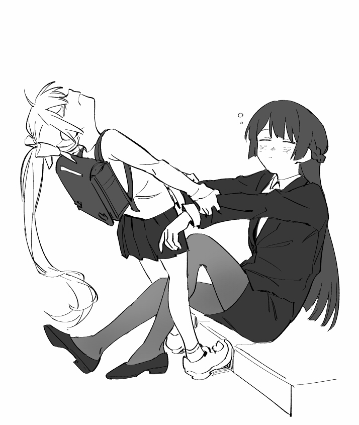 2girls, age_difference, aged_down, aged_up, alternate_costume, arm_grab, backpack, bag, blush, bow, braid, closed_eyes, closed_mouth, collared_shirt, commentary_request, facing_another, formal_clothes, from_side, frown, full_body, hair_bow, half_up_braid, half_updo, head_back, high_heels, higuchi_kaede, jacket, leaning_back, long_hair, long_sleeves, multiple_girls, nijisanji, outstretched_arms, pantyhose, pencil_skirt, pleated_skirt, ponytail, profile, pulling, randoseru, shirt, simple_background, sitting, skirt, skirt_suit, sleepy, soramame_(corndog), squeans, stoop, suit, tsukino_mito, v-shaped_eyebrows, virtual_youtuber