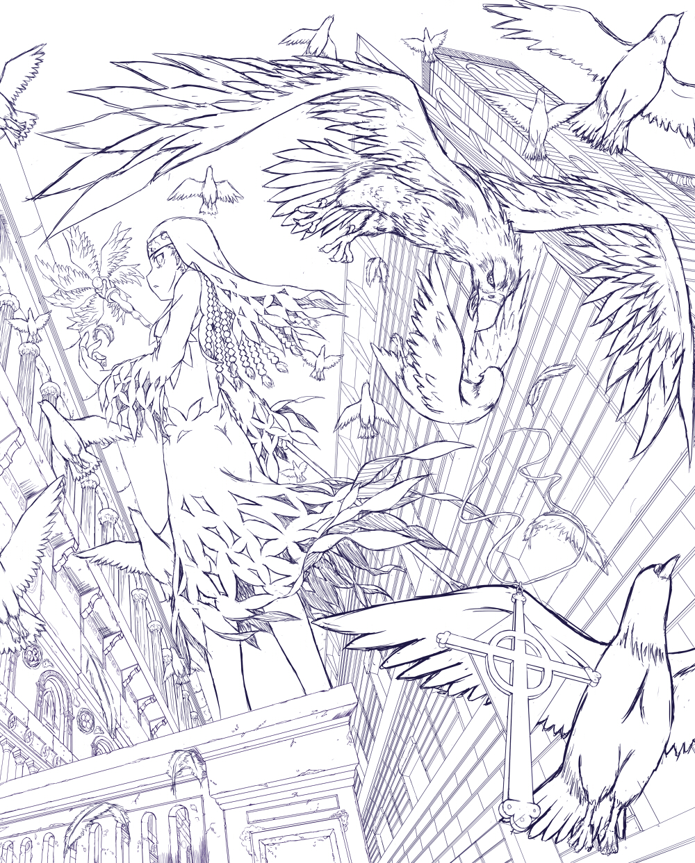 agnese_sanctis, bird, eagle, feathers, greyscale, habit, highres, monochrome