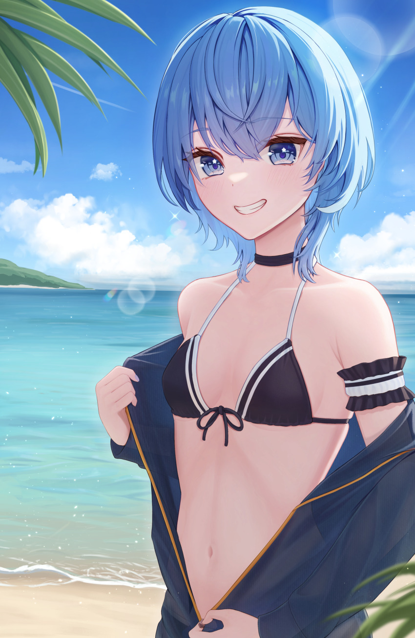1girl, absurdres, arm_garter, bare_shoulders, beach, bikini, black_bikini, black_choker