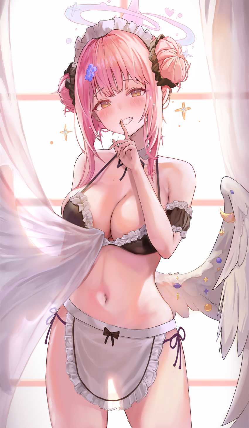 1girl, absurdres, angel_wings, apron, bikini, black_bikini, blue_archive, blush
