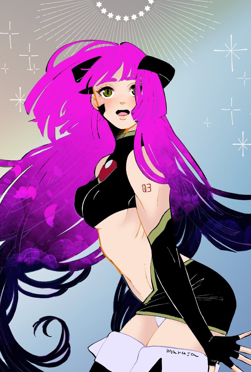 1girl, arc_the_lad, arc_the_lad_i, black_gloves, black_skirt, breasts, brown_eyes, crop_top