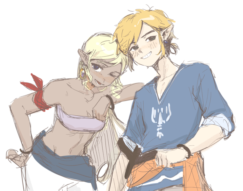 1boy, 1girl, aged_up, arm_at_side, arm_up, armband, bare_shoulders, black_eyes