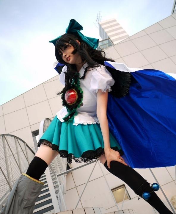 1girl, black_hair, black_thighhighs, bow, building, cosplay, cosplay_photo, dutch_angle