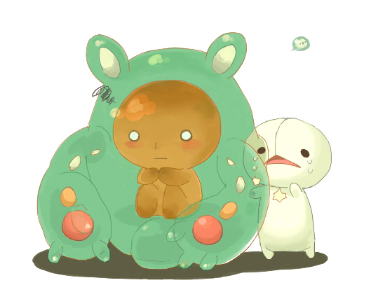 00s, 10s, :o, borrowed_clothes, full_body, gen_5_pokemon, kogepan, lock_lock, nintendo, no_humans, open_mouth, pokemon, pokemon_(creature), pokemon_black_and_white, reuniclus, san-x, simple_background, sitting, solosis, squiggle, standing, tears, triangle_mouth, white_background