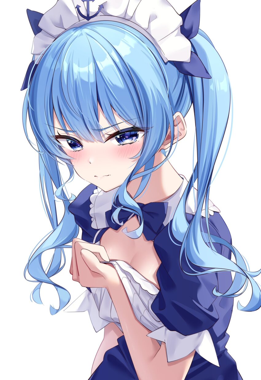1girl, blue_eyes, blue_hair, blush, cosplay, embarrassed, hair_between_eyes, hair_ribbon