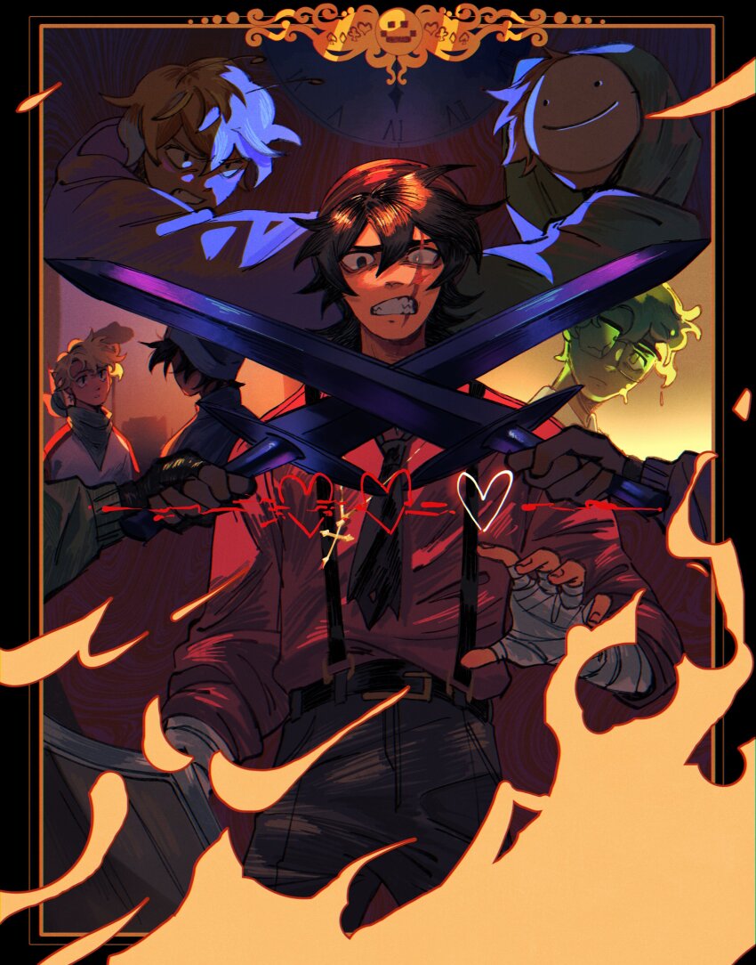 5boys, absurdres, antennae, bandana, black_eyes, black_hair, blonde_hair, blue_headwear