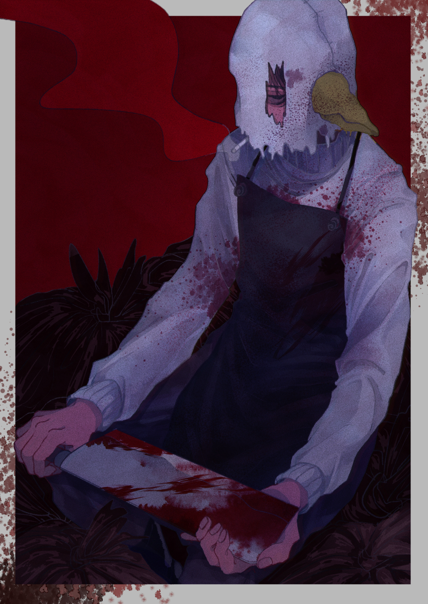 1boy, 385_(miyako), absurdres, apron, bags_under_eyes, bird_mask, black_apron, black_eyes