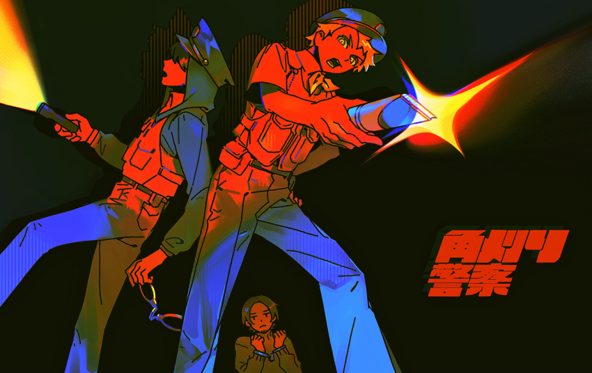 3boys, alternate_costume, belt_pouch, black_background, black_hair, blonde_hair, bound, bound_wrists