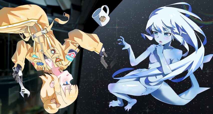 2girls, :o, absurdres, alien, alternate_costume, alternate_hairstyle, blonde_hair, blue_eyes