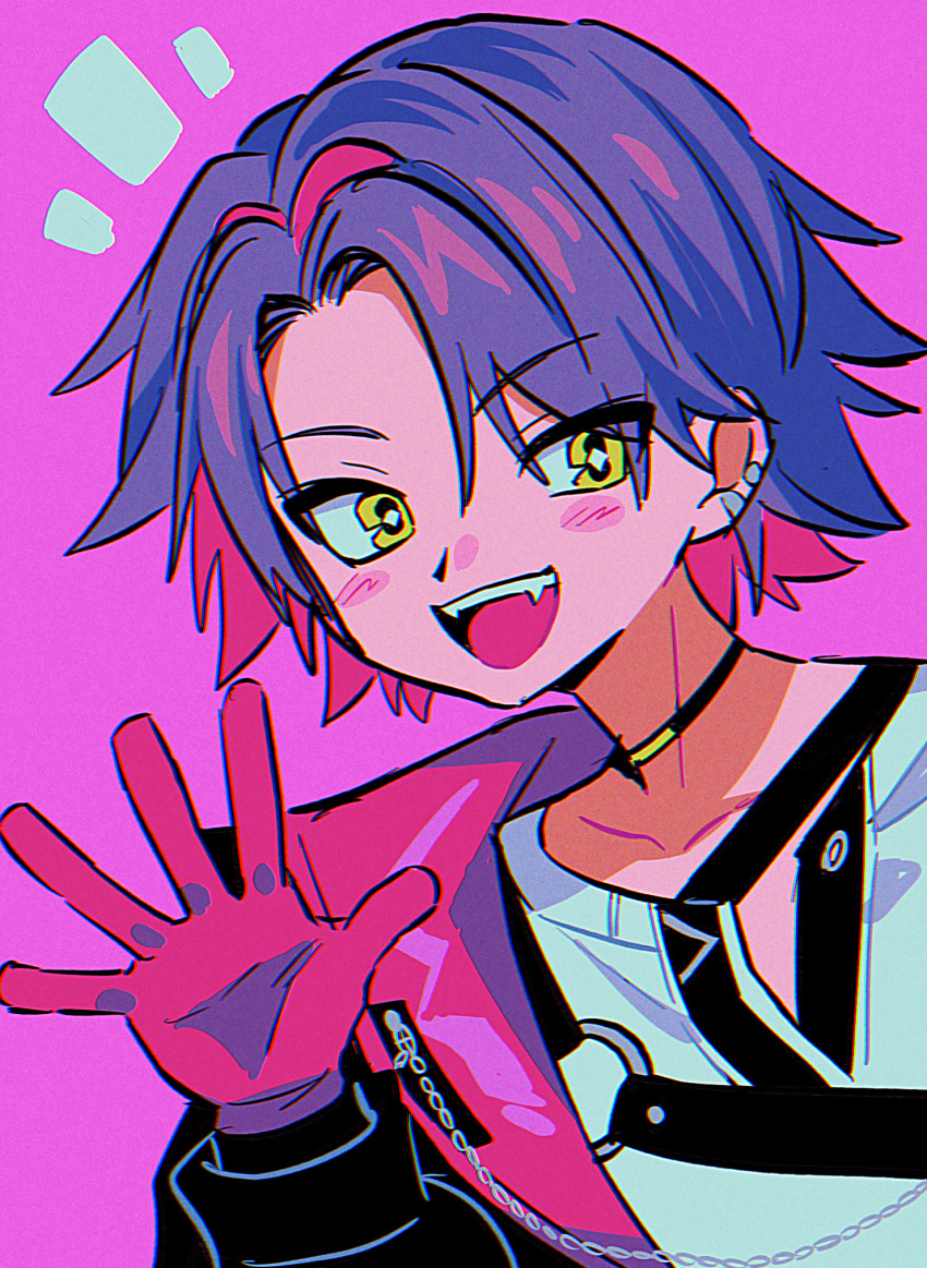 1boy, black_choker, blush_stickers, choker, collarbone, earrings, fangs, highres