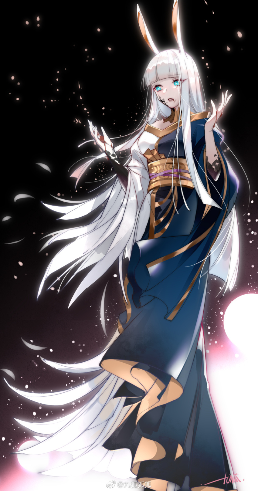 1girl, alternate_form, animal_ears, black_background, blood, blood_on_face, blood_on_hands, blue_kimono