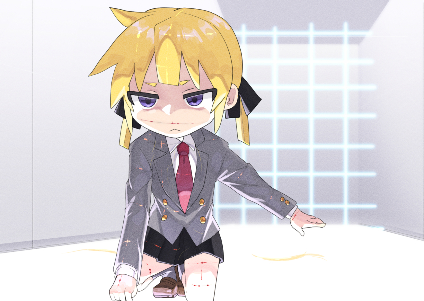 1girl, blazer, blonde_hair, blood, blunt_bangs, brown_shoes, closed_mouth, collared_shirt